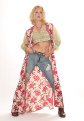 40s Satin Heavily Embroidered Rose Floral Maxi Duster