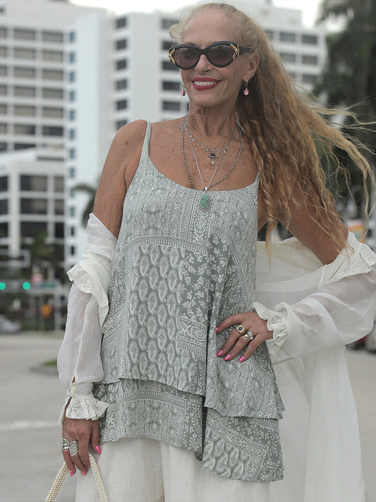 Indian Jade Flouncie Top, Top with two layers of fabric, Shorter layer over a long layer that swoops around to a longer length than the front.