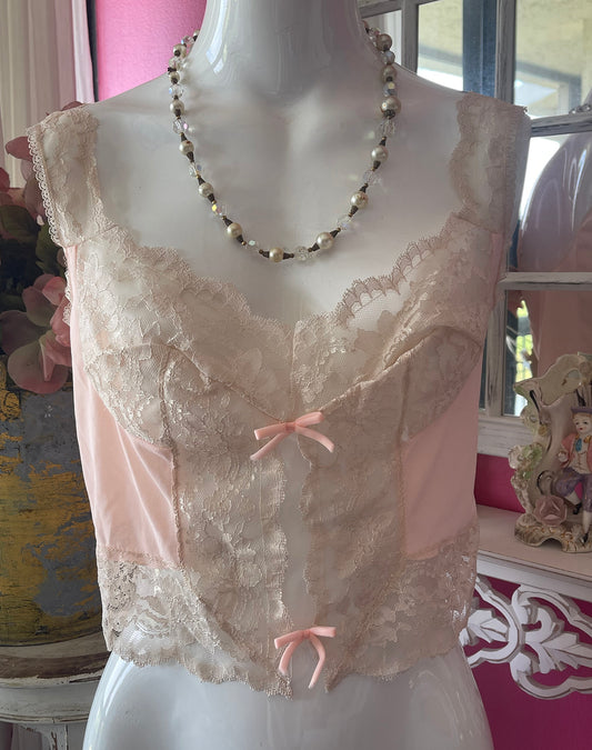 40s Radcliff Pink and Ivory Lace Teddy Crop Top
