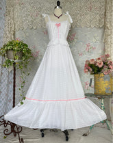 70s White and Pink Eyelet Prairie McClintock Style Maxi Dress