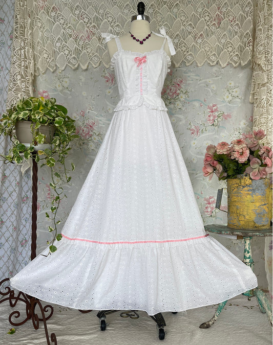70s White and Pink Eyelet Prairie McClintock Style Maxi Dress