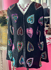 80s Black Long Heart Sequin Beaded Silk Jacket