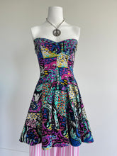 80s Betsy Johnson Strapless Bold Print Mini Fit and Flare Dress