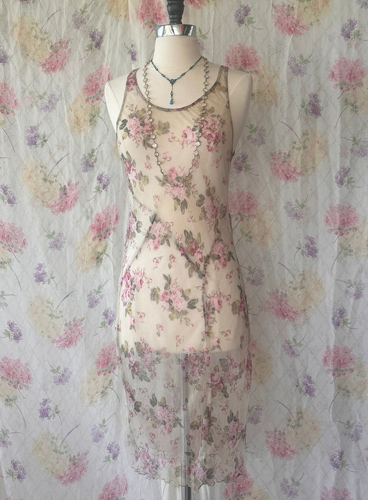 1930s Sheer Rose Floral Chiffon Slip Dress