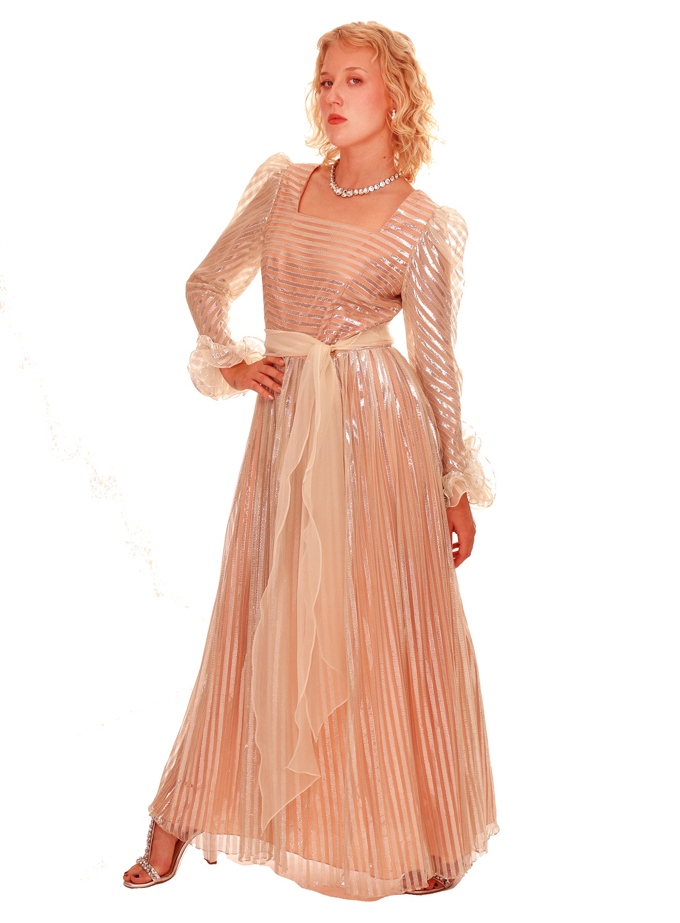 60s Pink Silver Metallic Ruffle Sleeve Goddess Maxi Dress WhatWouldSusieWear 60s Pink Silver Metallic Ruffle Sleeve Goddess Maxi Dress WhatWouldSusieWear