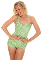 50s Jantzen Green and White Gingham Bathing Suit Jumpsuit