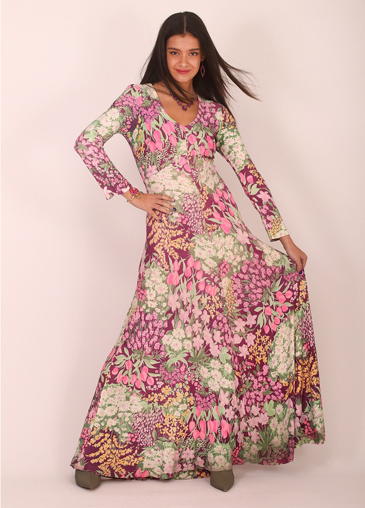 70s Bold Pink Floral 70s Goddess Maxi Dress