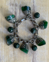 70s Faux Jade Stone And Silver Dangle Chunky Charm Bracelet