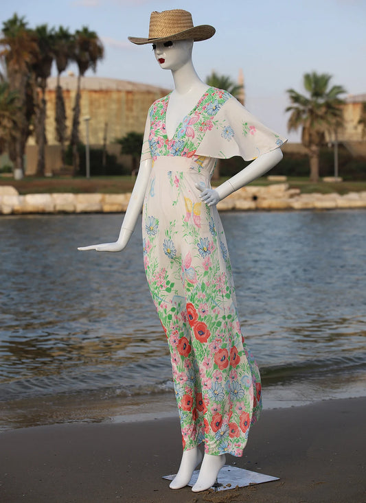 70s White Floral Bell Sleeve Maxi Dress