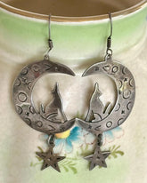 70s Sterling Silver Howling Moon and Star Stamped Drop Earrings
