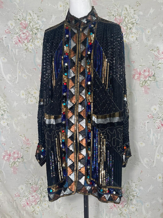 80s Black Silver Gold Sequin Beaded Duster Jacket with Jewels