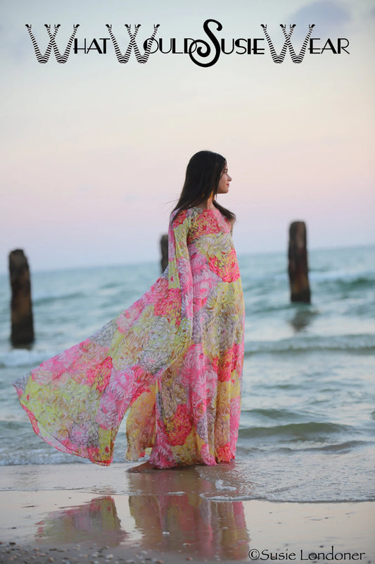 60s Rare Floral Angel Wing Maxi Caftan Dress