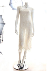 Vintage Ivory White Beaded Flapper Low Back Fringed Dress