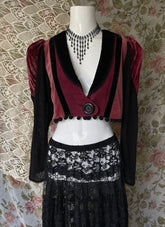 70s Steampunk Velvet Cropped Jacket Crochet Back