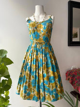 Vintage 1950s Sundress Turquoise and Gold Fit and Flare