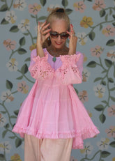 Pink Shoshi Babydoll Lace Poet Sleeve Top