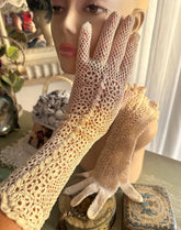 Antique Edwardian Long Ivory Hand Crochet Floral Netted Gloves