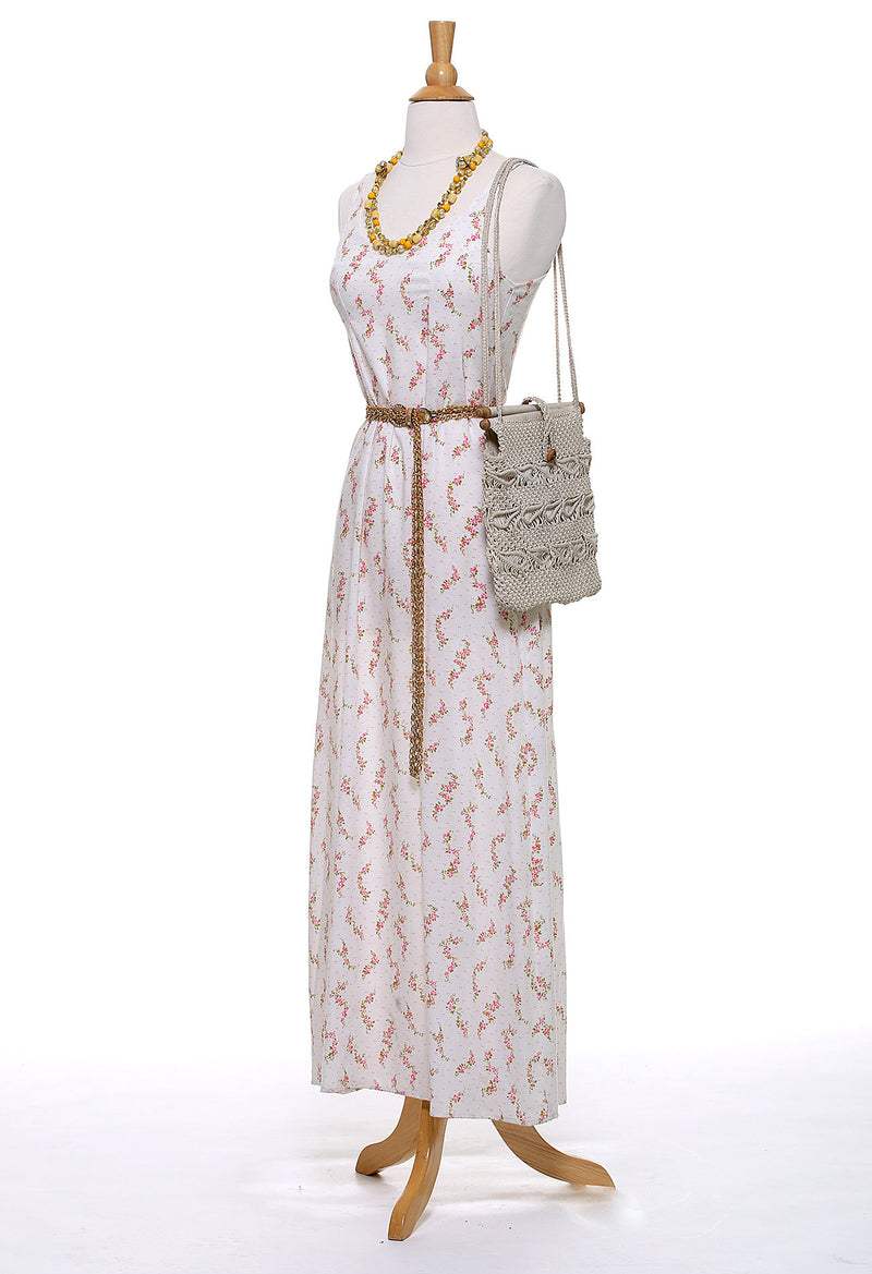 70s Pink and White Ditsy Floral Maxi Dress