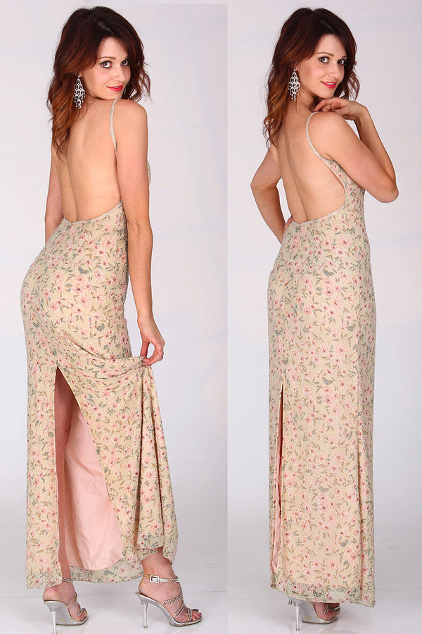 Vtg 80s Pale Pink Low Back Beaded Gown