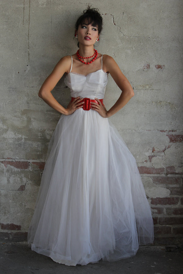 Vtg 50s Emma Domb White Tulle Wedding Dress