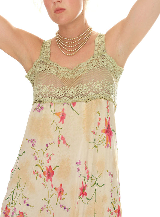 Vintage 1970s Green Silk Floral Lace Slip Dress