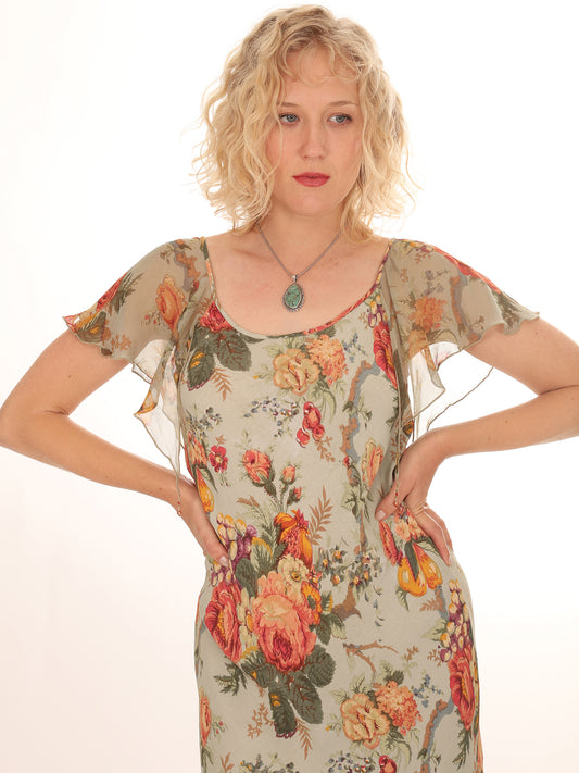 30s Green Floral Flutter Sleeve Dress