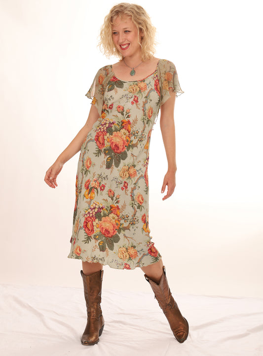 30s Green Floral Flutter Sleeve Dress