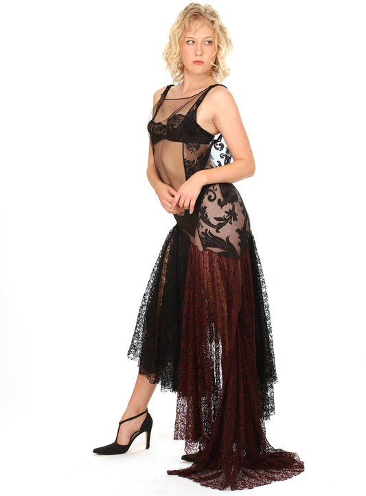 80s Black Lace Asymmetrical One Of A Kind Maxi Goddess Dress
