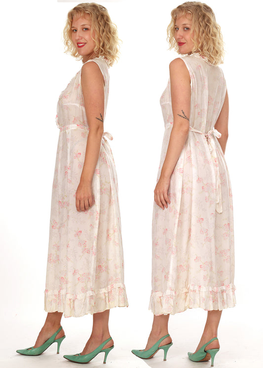 40s French White Floral Ruffle V-neck Slip Dress