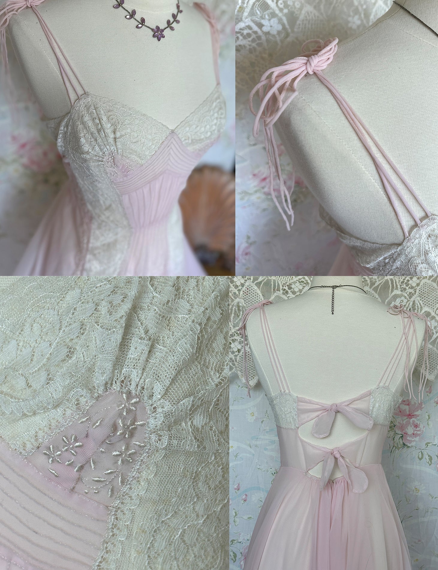 40s Pink Lace Pleated Embroidered Slip Dress