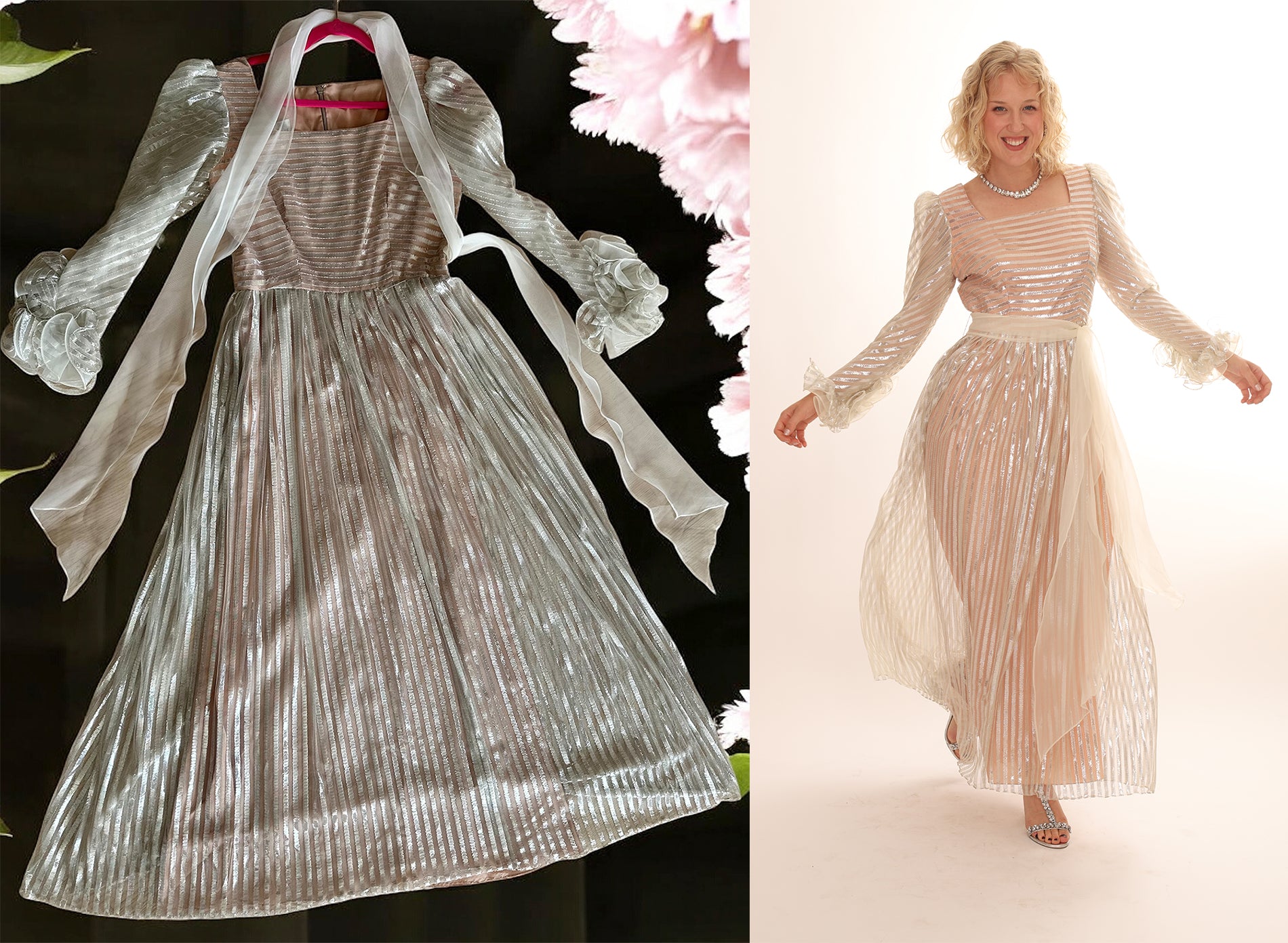 60s Pink Silver Metallic Ruffle Sleeve Goddess Maxi Dress