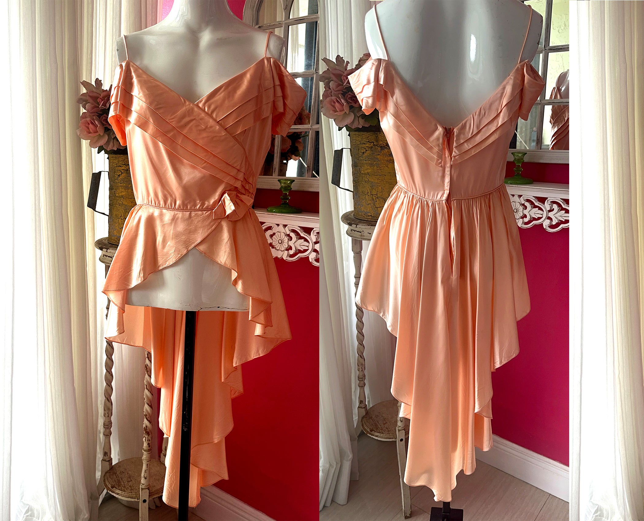 70s Reworked Pink Satin Fishtail Off Shoulder Top