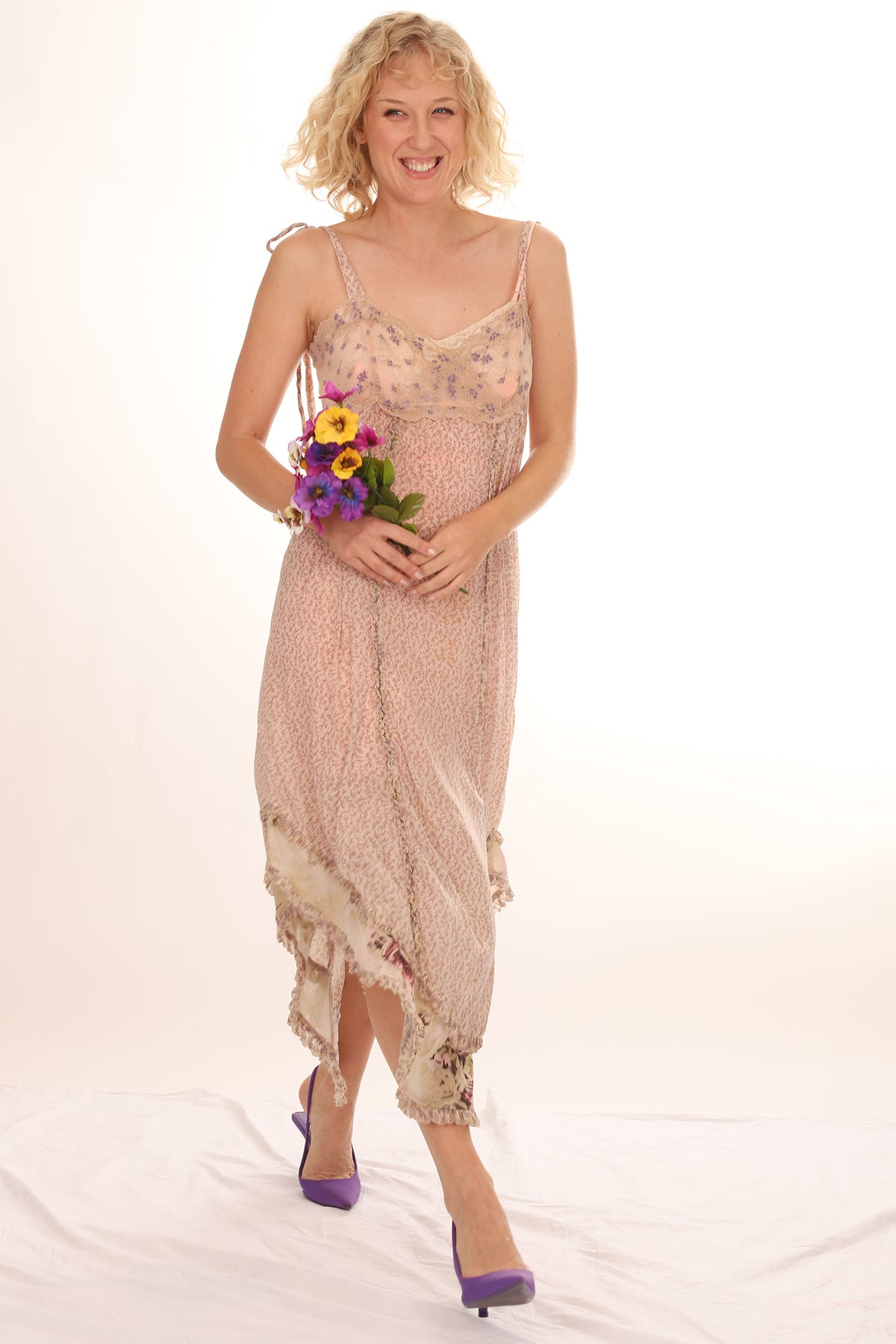 70s Lavender Ditsy Floral Flowy Asymmetrical Dress