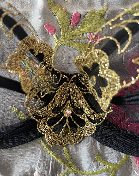 80s Agent Provocateur Black & Gold Bra & Garter Set