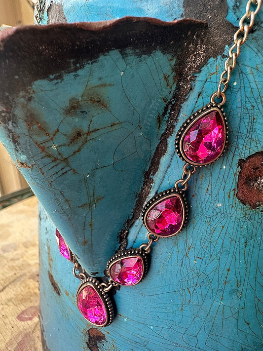 70s Fuchsia Cut Glass Teardrop Necklace