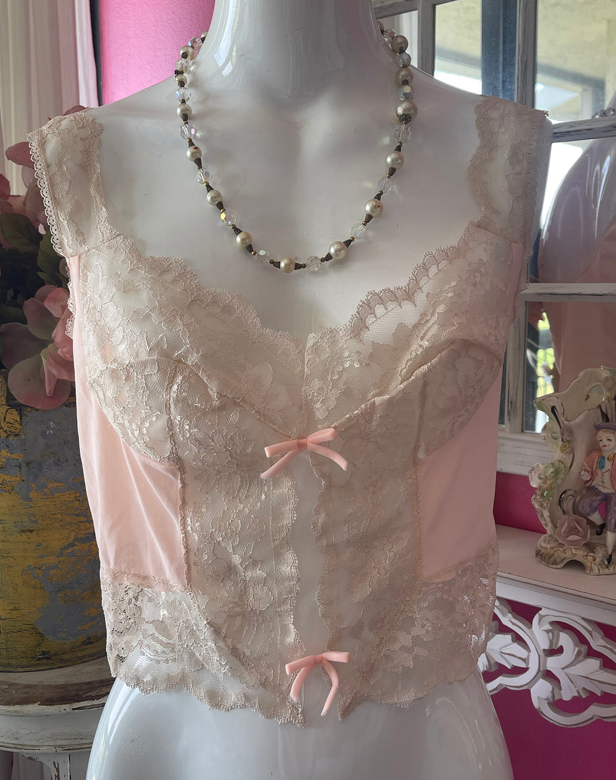 40s Radcliff Pink and Ivory Lace Teddy Crop Top