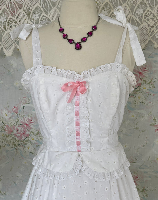 70s White and Pink Eyelet Prairie McClintock Style Maxi Dress