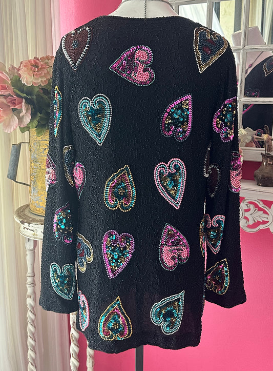 80s Black Long Heart Sequin Beaded Silk Jacket