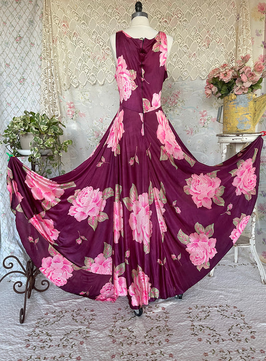 60s One Of A Kind Burgundy Floral Full Swing Maxi Dress