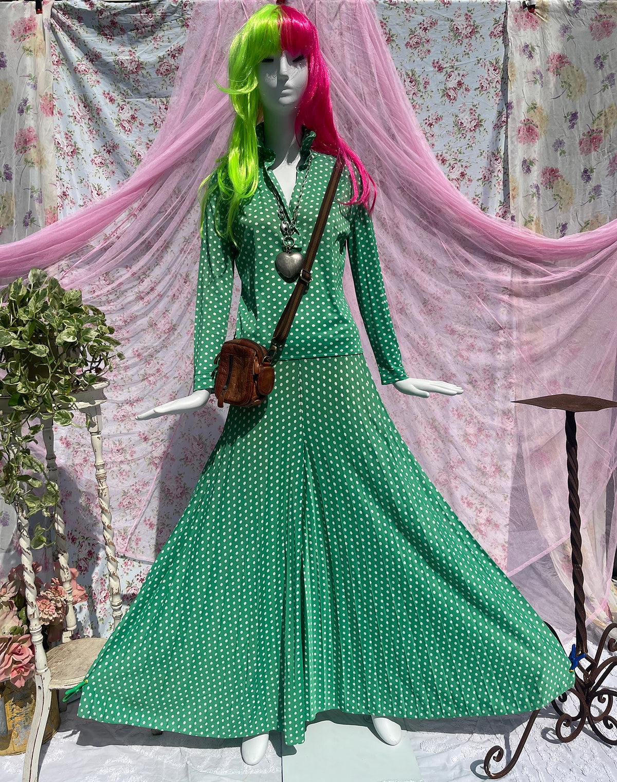 60s Green and White Polka Dot Blouse Pleated Palazzo Pants Set