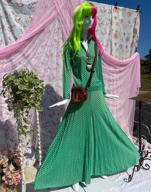 60s Green and White Polka Dot Blouse Pleated Palazzo Pants Set