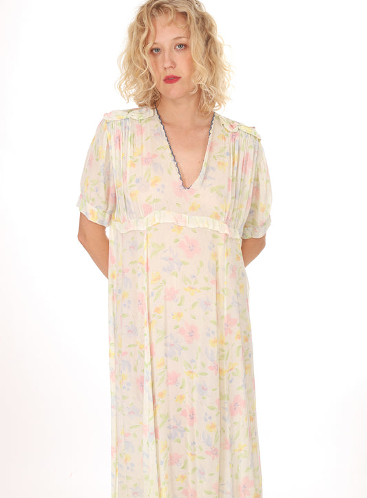 40s Floral Ruffled Slip Dress Maxi