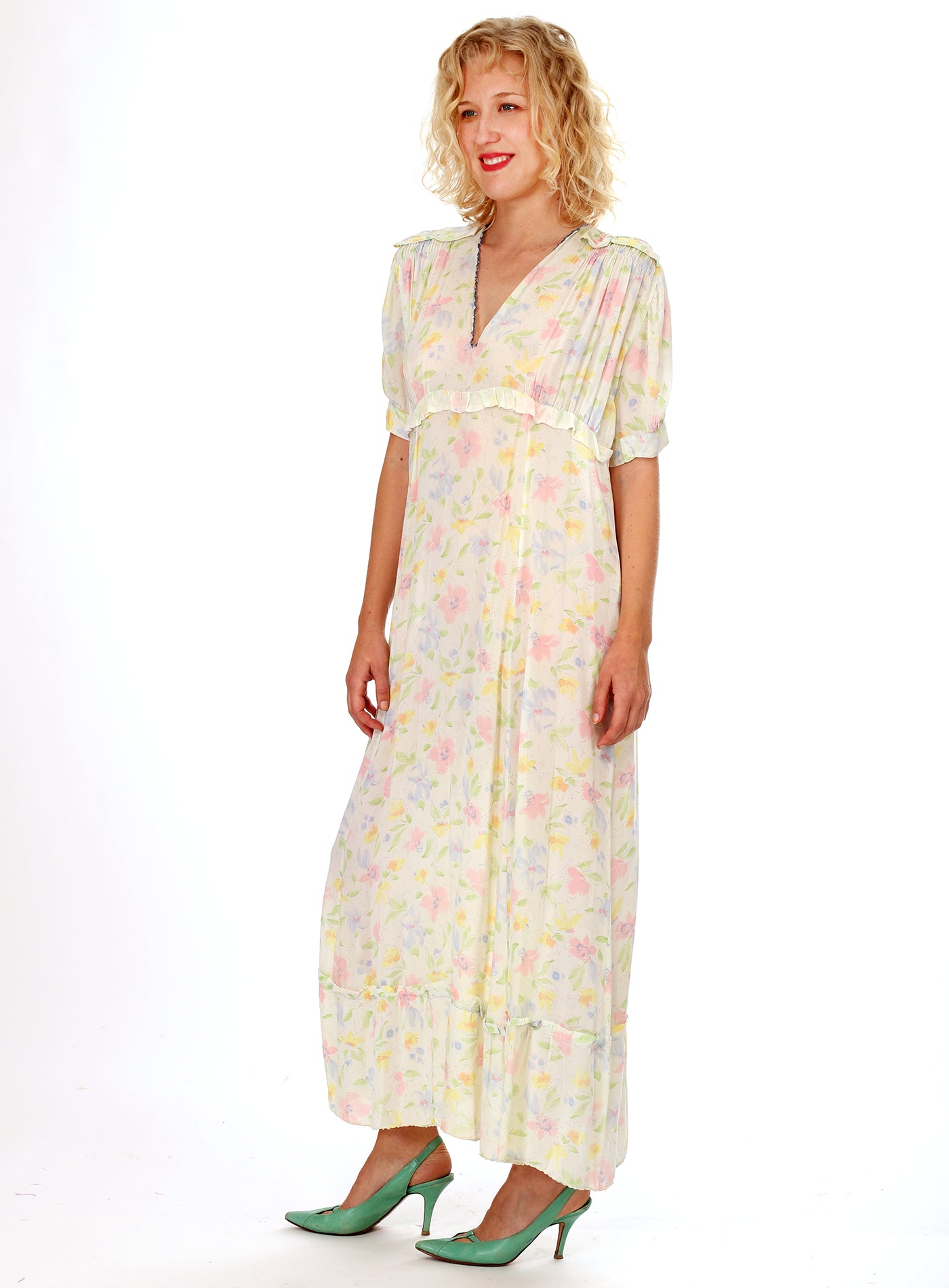 40s Floral Ruffled Slip Dress Maxi