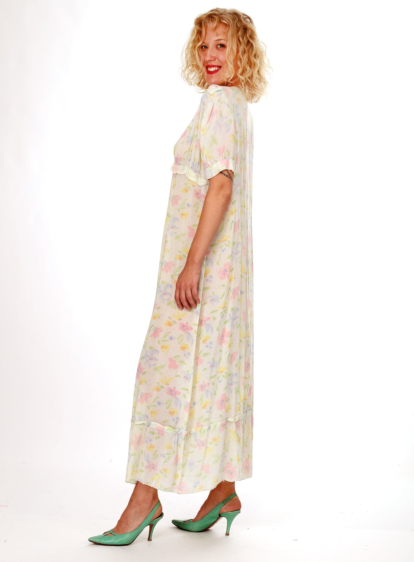 40s Floral Ruffled Slip Dress Maxi