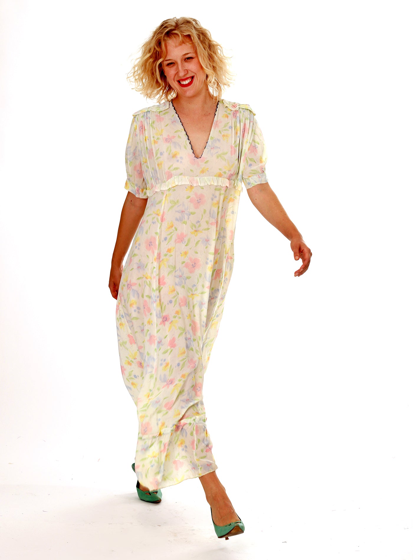 40s Floral Ruffled Slip Dress Maxi