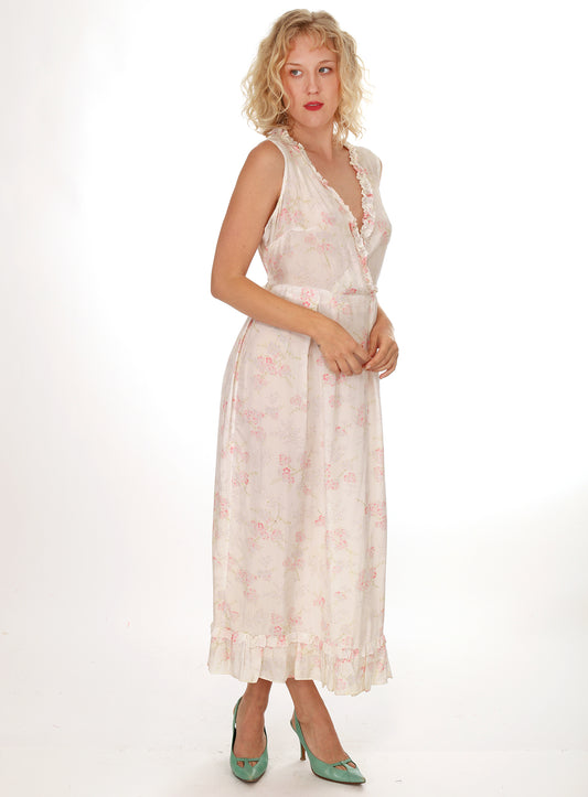 40s French White Floral Ruffle V-neck Slip Dress