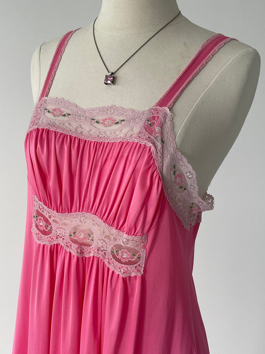 70s Fuchsia Pink Floral Lace Slip Dress