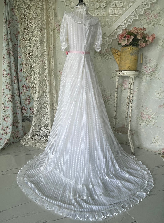 70s Edwardian Style High Neck Ruffle Wedding Dress