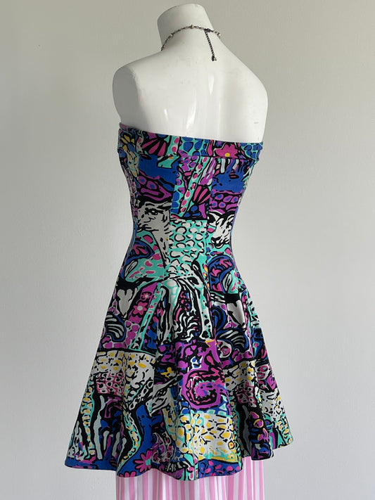 80s Betsy Johnson Strapless Bold Print Mini Fit and Flare Dress