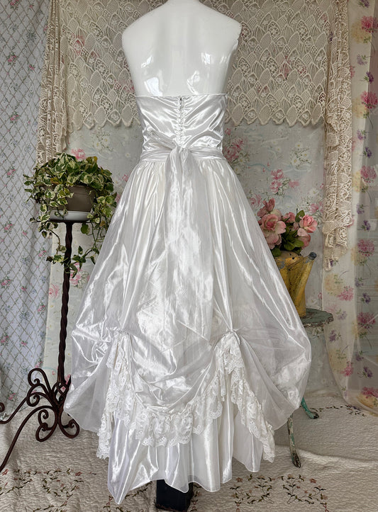 70s White Shimmery Strapless Victorian Revival Wedding Dress